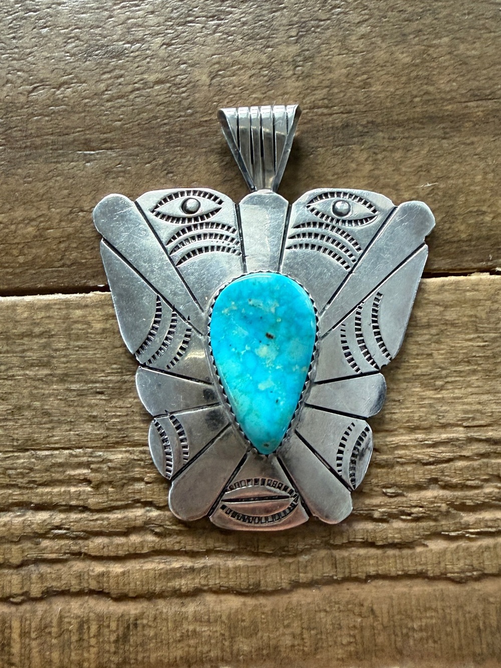 Vintage Native Navajo Handmade Sterling Silver Turquoise Stamped Face Pendant
